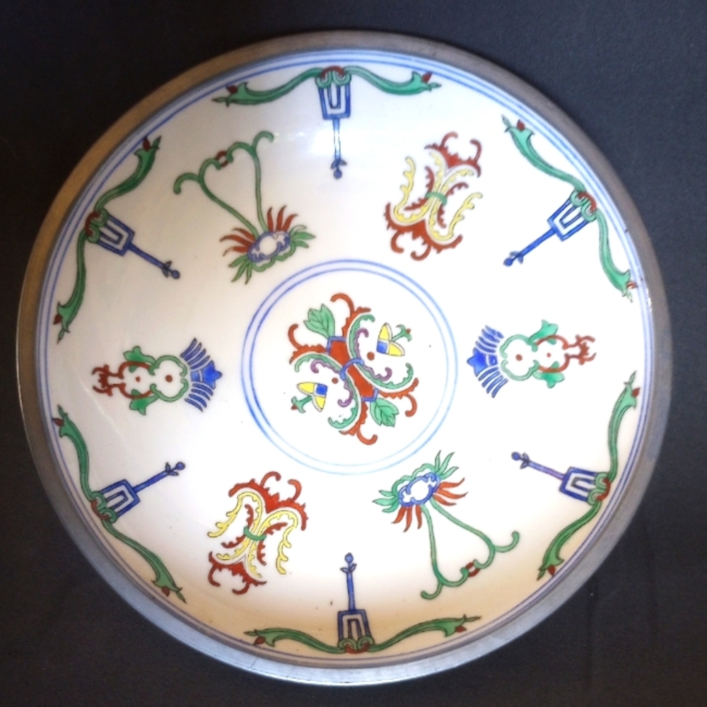 ACF Hong Kong pewter dish with hand painted enamels